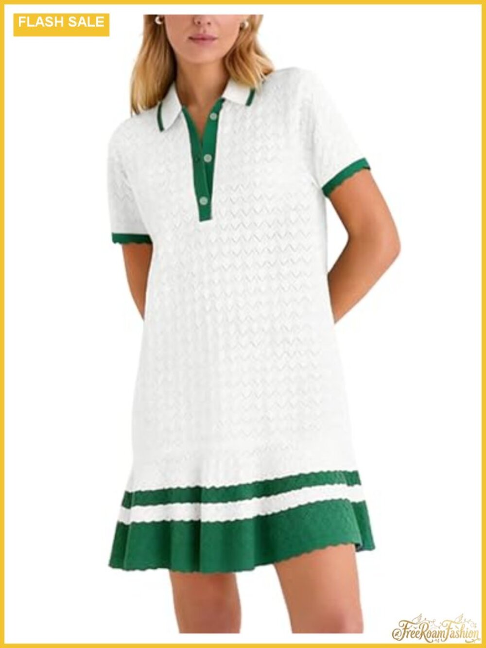 Crochet Hollow Knit Mini Dress Short Sleeve V-Neck Golf Tennis Summer